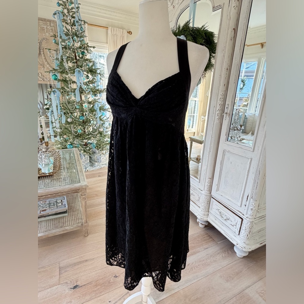 Calvin Klein Black Floral Lace Midi Halter Dress